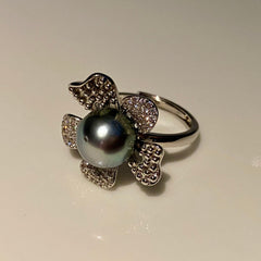 【Black Tahitian】11MM/S925 Silver/Floral Design/Adjustable Ring